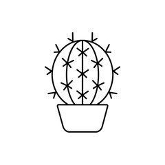 Vector illustration of barrel cactus. Line icon of desert succulent plant in the pot. Isolated object on white background. Home decor element.