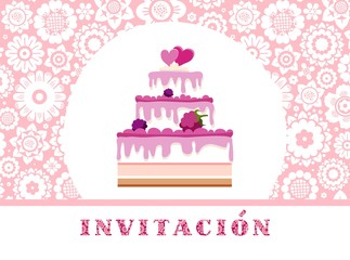 Invitation to celebration, berry cake, Spanish, pink, floral, vector. Color card. Invitation to a holiday, event, celebration. The inscription in Spanish 