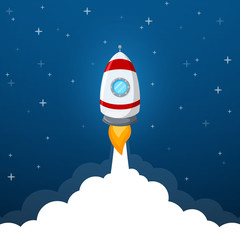 Rocket launch icon on blue sky background
