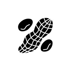 Black & white vector illustration of peanut with nutshell. Flat icon of whole groundnut & seeds. Vegan & vegetarian food. Health eating ingredient. Isolated on white background.