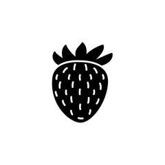 Black & white vector illustration of strawberry. Flat icon of fresh berry with leaves. Vegan & vegetarian food. Health eating fruit ingredient. Isolated object