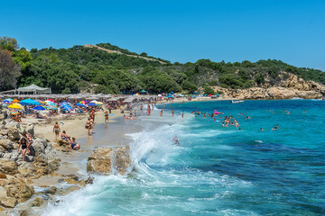 Fototapeta premium Olympiada, Greece - August 11, 2018: Proti Ammoudia beach, one of the most beautiful beaches in the Aegean Sea.