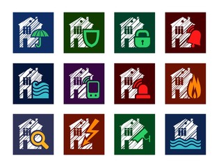 Security and insurance of the home, icons, shading, color, vector. Insurance of residential and office premises. Vector clip art. Flat, colored badges. Imitation of pencil shading.  