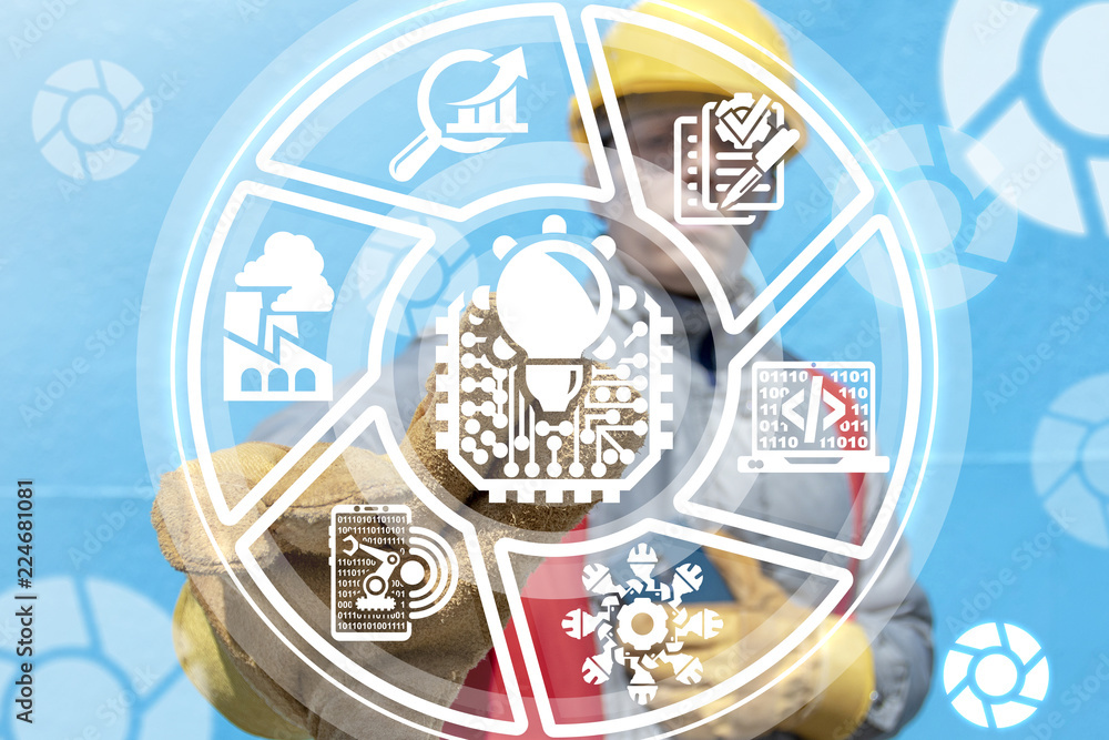 Poster industry worker clicks a micro chip with light bulb button on a virtual panel. smart machine learnin