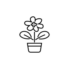 Black & white vector illustration of blooming houseplant  with leaves in pot. Line icon of decorative flowering home plant in container. Isolated on white background.