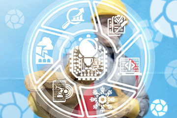 Industry worker clicks a micro chip with light bulb button on a virtual panel. Smart Machine...