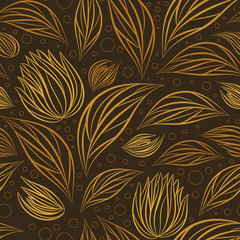 Seamless vector floral pattern with abstract outline flowers in gold-yellow colors on dark background