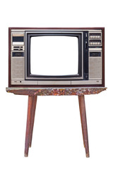 old retro color wooden home TV receiver  on old wood table isolated on white background,television  with cut screen.