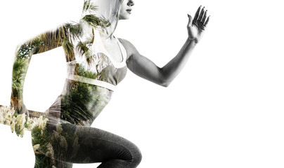 Double exposure of young sporty woman and nature.