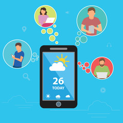 Weather forecast concept design. Flat vector illustration of men and women in circle icons using smartphone mobile app for tracking weekly weather forecast via application. Mobile technologies banner