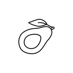 Black & white vector illustration of organic avocado with leaf. Line icon of fresh avocado pear fruit. Vegan & vegetarian food. Health eating ingredient. Isolated object