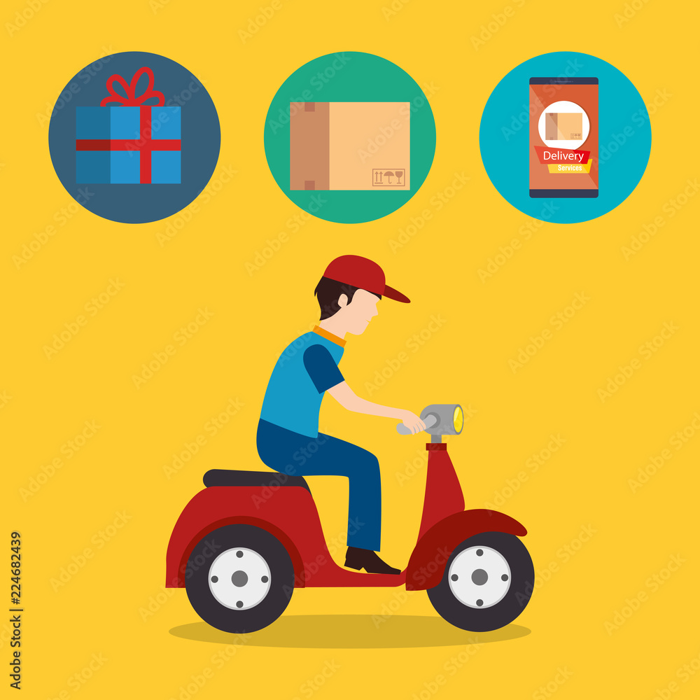 Poster delivery service worker character with set icons