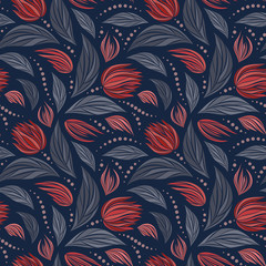 Seamless vector floral pattern with abstract red flowers on dark blue background