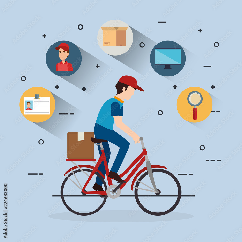 Poster delivery service worker character with set icons