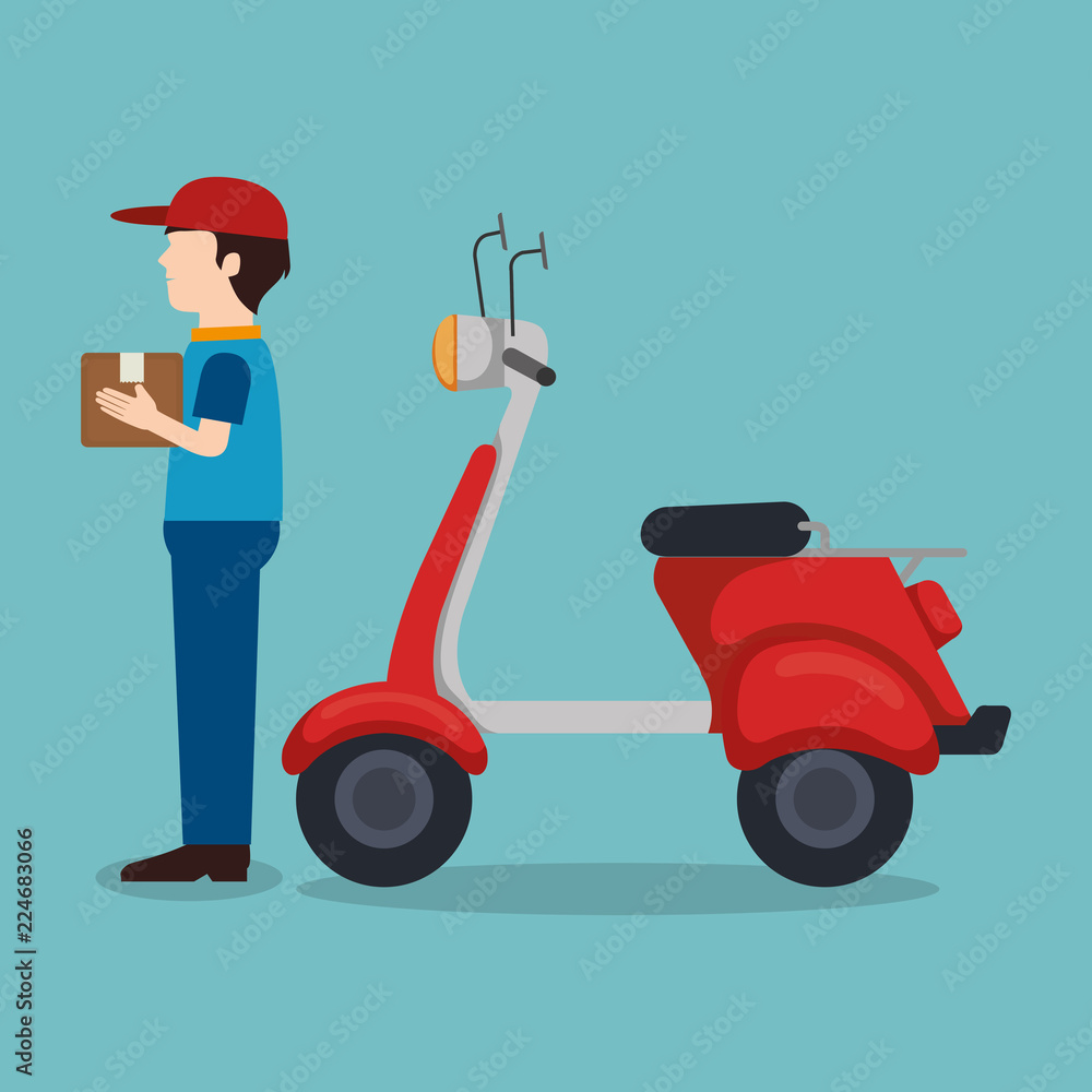 Poster delivery service worker character with set icons