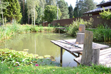 Fototapeta na wymiar pond with lilies and a bridge for fishing 