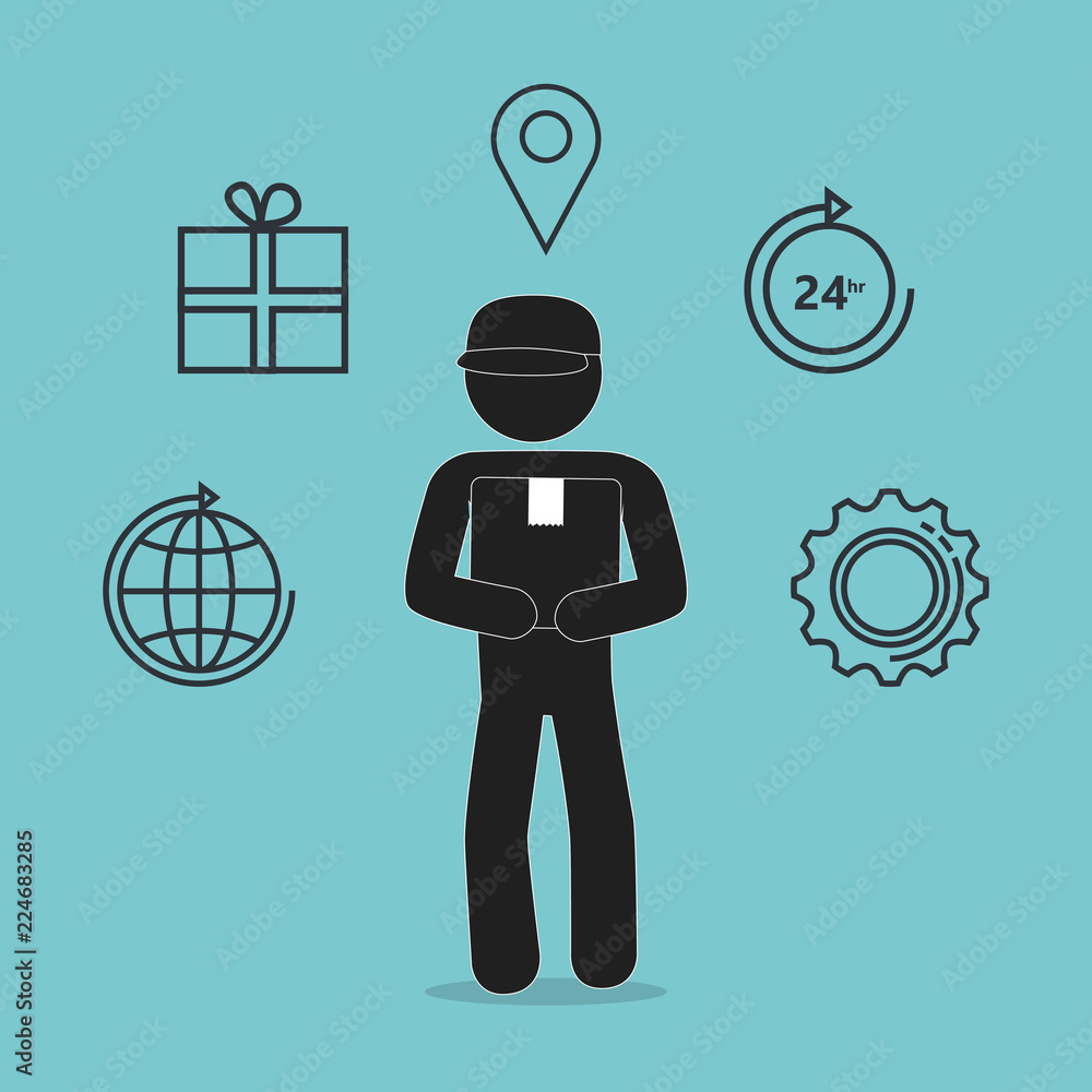 Poster delivery service worker character with set icons