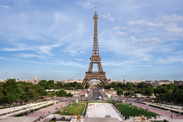 Paris, France - August 14, 2017. View of Eiffel Tower monument, Paris skyline and Trocadero gardens from Trocadero palace by summer.