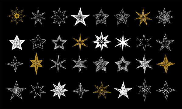 Collection of snowflakes, stars, Christmas decorations, hand drawn illustrations