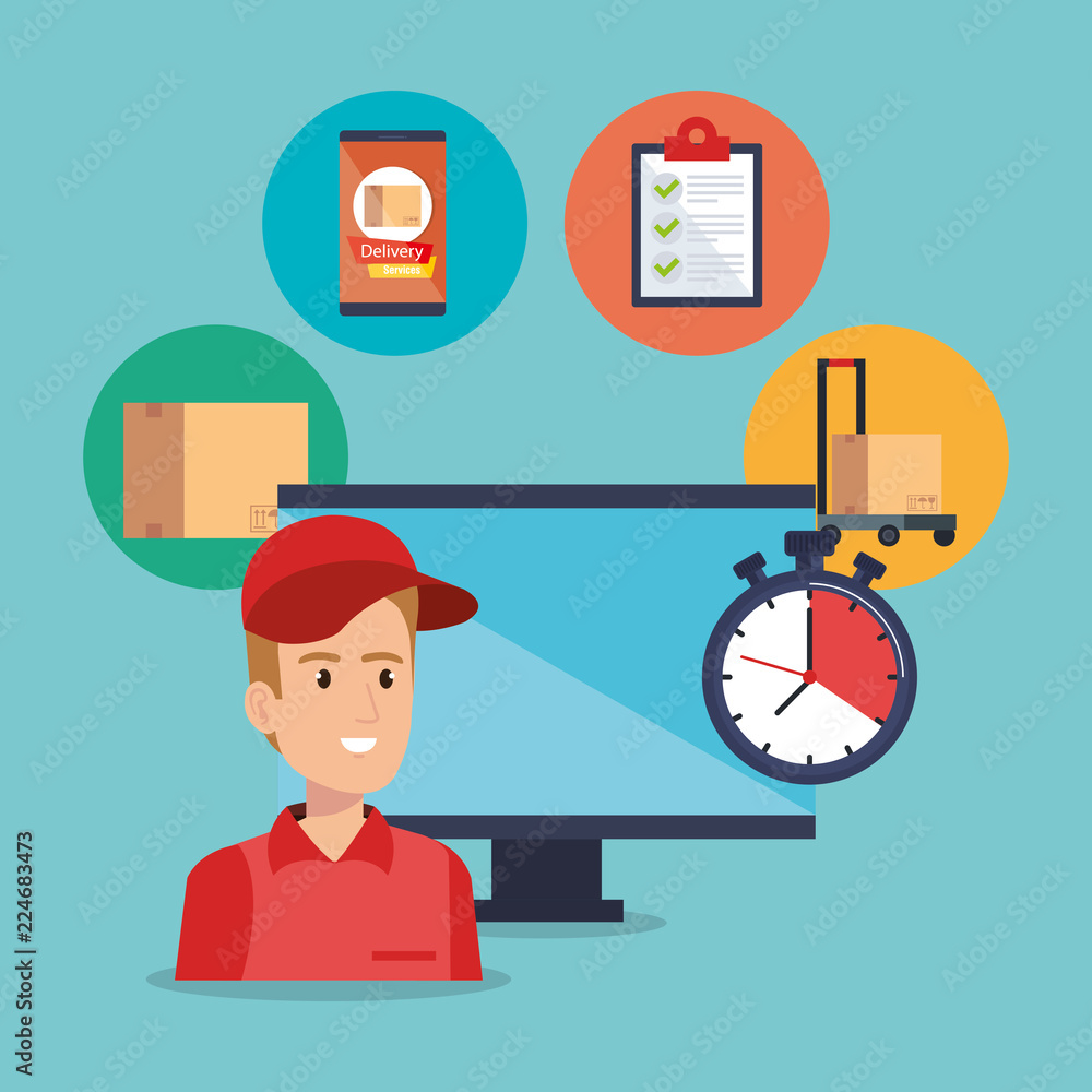 Poster delivery service worker with computer