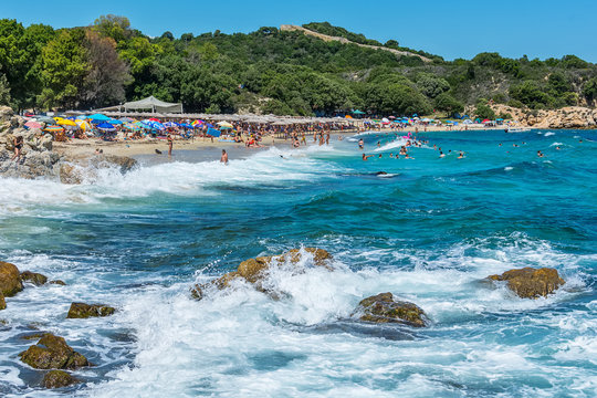 Olympiada, Greece - August 11, 2018: Proti Ammoudia beach, one of the most beautiful beaches in the Aegean Sea.