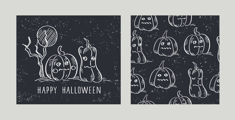 Set of Halloween card and seamless pattern with pumpkins. Background for textile, wallpapers, gift wrap and scrapbook. Black and white vector illustration.