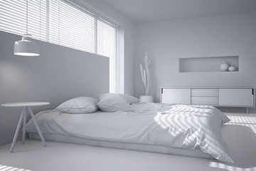 Total white project of white minimalist bedroom, big window with venetian blinds, contemporary architecture interior design