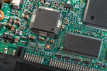 Computer chip on motherboard macro. Computer technology concept