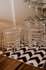 Close-up glass on chess board. Coffee making equipment with copy space.