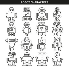 robot character icons in line style
