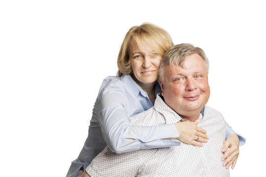 Husband and wife hugging and laughing, happy family, isolated on white background