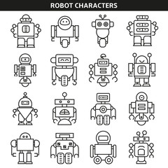 robot character icons in line style