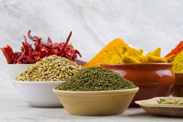 Indian Spices Collection Also Called Chili Powder, Turmeric Powder, Coriander, Fenugreek, Cumin, Mustard Seed, Salt, Black Pepper, Cardamom, Cloves, Turmeric Stick, Dry Chili on Vintage Background