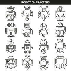 robot character icons in line style
