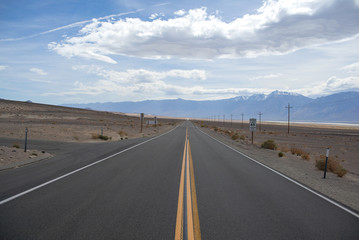 Straight asphalt road in desert with power pillars and mountains