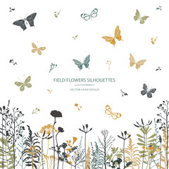 Vector silhouettes collection. Set of field flowers, herbs and butterflies. Card design. Label design.