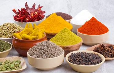 Indian Spices Collection Also Called Chili Powder, Turmeric Powder, Coriander, Fenugreek, Cumin, Mustard Seed, Salt, Black Pepper, Cardamom, Cloves, Turmeric Stick, Dry Chili on Vintage Background