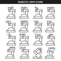 robotic arm and industrial robot icons set in line style