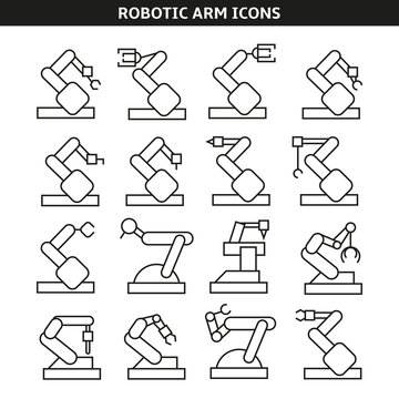 robotic arm and industrial robot icons set in line style