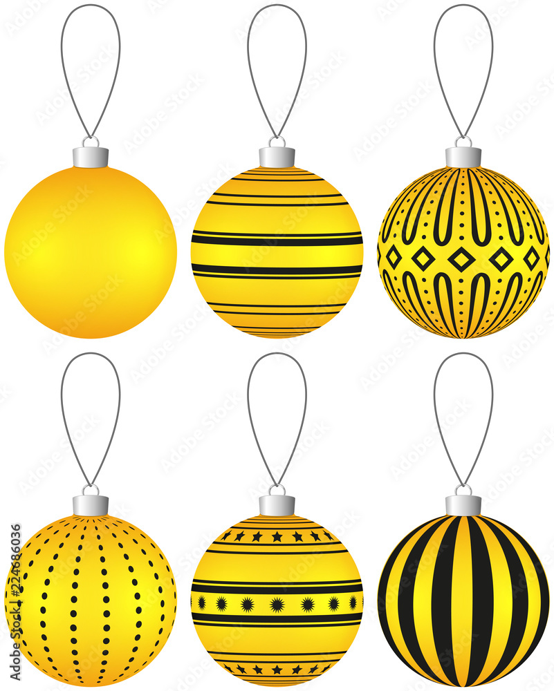 Aufkleber collection of yellow christmas balls with pattern hanging on a thread. vector eps 10