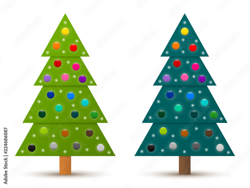 Aufkleber set of abstract geometric decorated coniferous trees with colorful baubles. two shades of green. vec