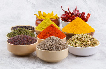 Indian Spices Collection Also Called Red Chili Powder, Turmeric Powder, Coriander Powder, Turmeric...