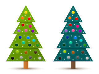 Set of abstract geometric decorated coniferous trees with colorful baubles. Two shades of green. Vector EPS 10