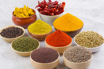 Indian Spices Collection Also Called Red Chili Powder, Turmeric Powder, Coriander Powder, Turmeric Stick, Dry Chili, Fenugreek, Black Pepper, Cumin, Mustard Seed, Mirchi, Haldi on Vintage Background