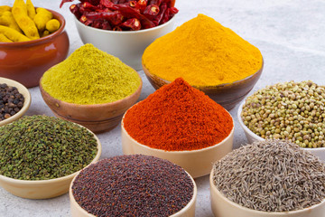 Indian Spices Collection Also Called Red Chili Powder, Turmeric Powder, Coriander Powder, Turmeric Stick, Dry Chili, Fenugreek, Black Pepper, Cumin, Mustard Seed, Mirchi, Haldi on Vintage Background