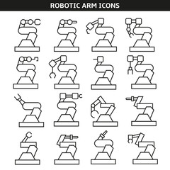 robotic arm and industrial robot icons set in line style