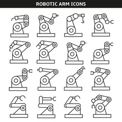 robotic arm and industrial robot icons set in line style