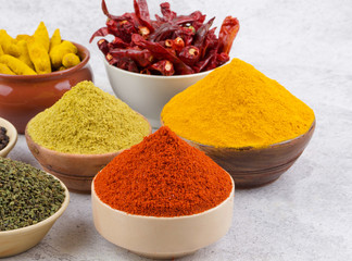 Indian Spices Collection Also Called Red Chili Powder, Turmeric Powder, Coriander Powder, Turmeric Stick, Dry Chili, Fenugreek, Black Pepper, Mirchi, Haldi, Dhaniya on Vintage Background