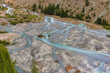 alluvial land of a wild running glacial creek in the swiss alps