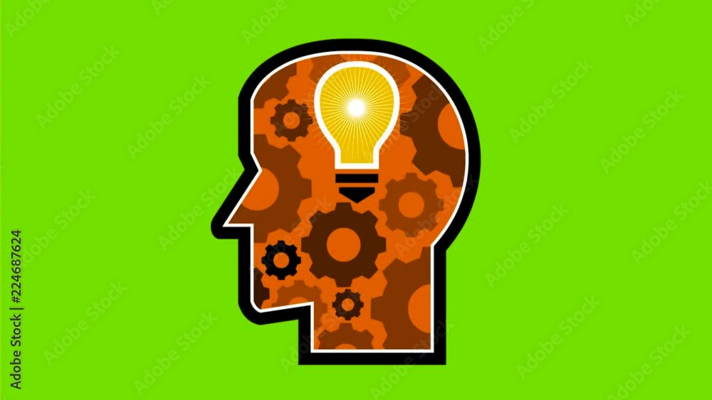 Poster 2d animation motion graphics showing a retro icon style human head with glowing light bulb and mecha